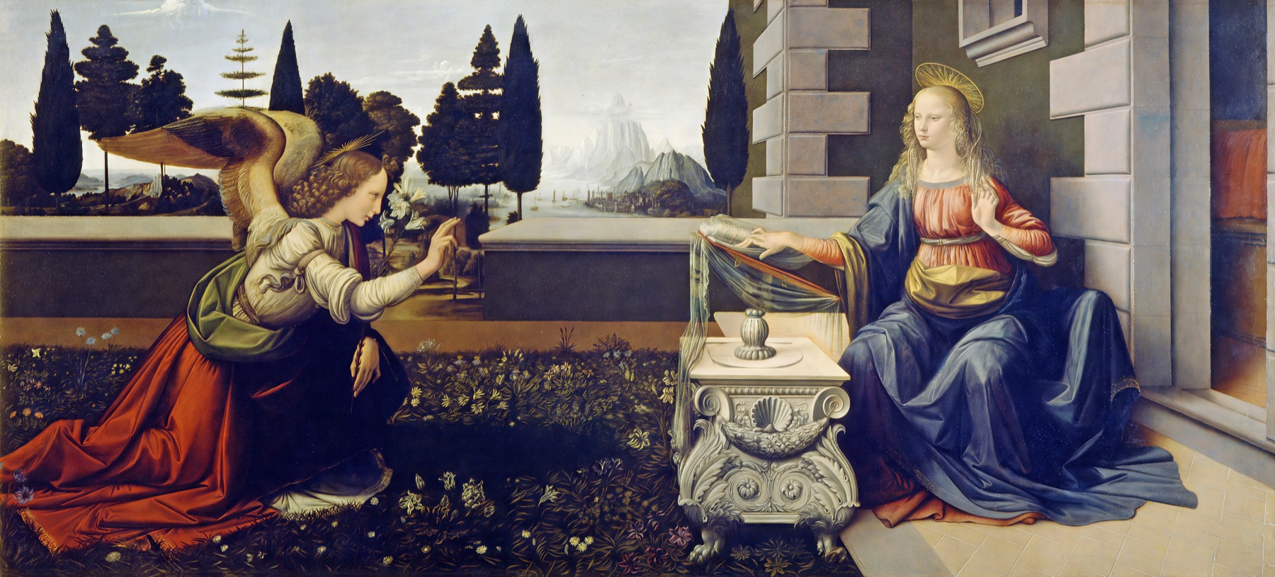 Détails annotés de l’Annonciation de Léonard de Vinci